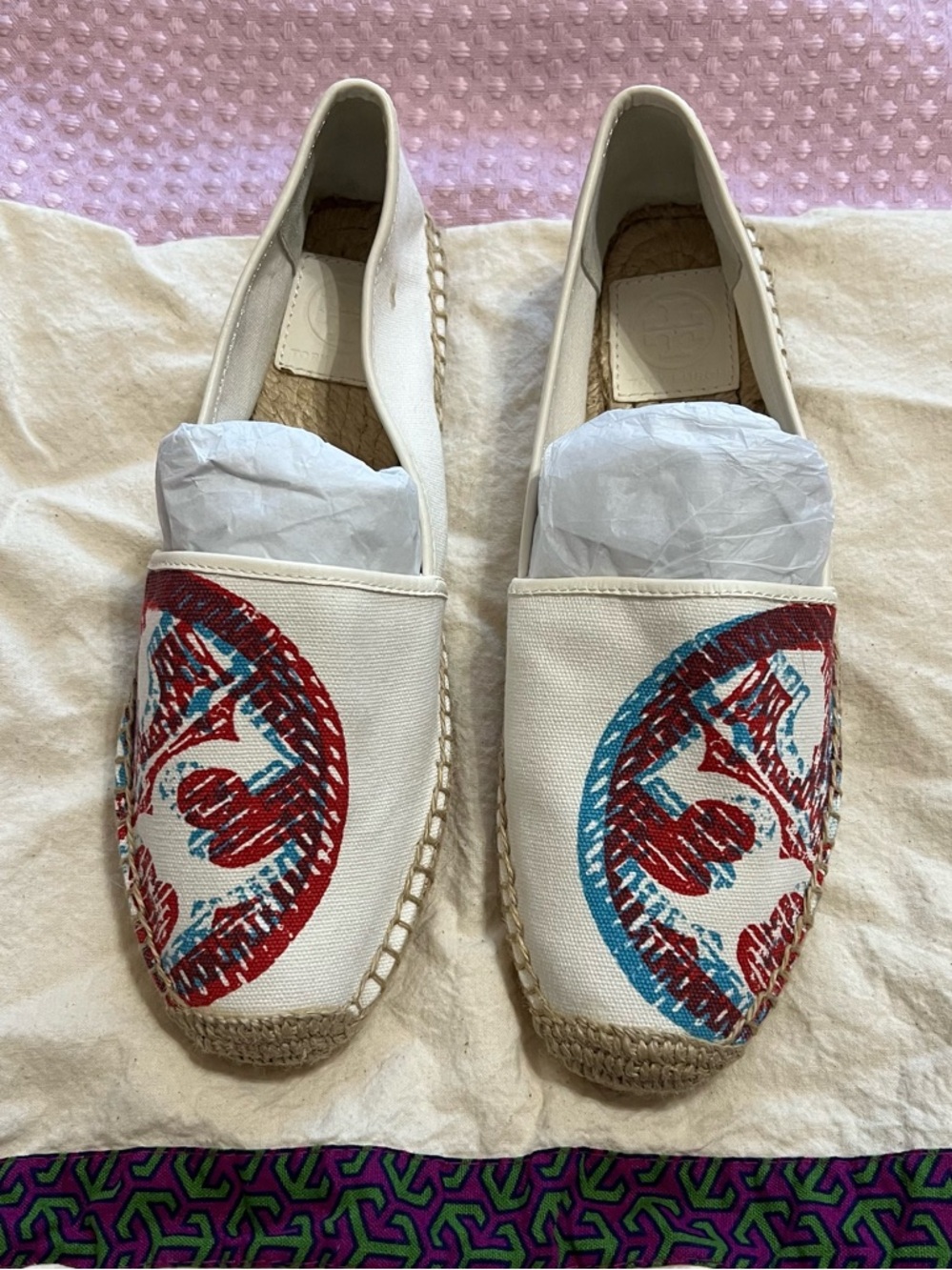 Tory Burch Cream Canvas Espadrilles with Red & Blue Embroidered Logo